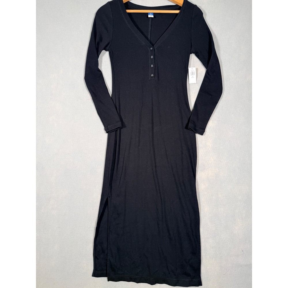 Old Navy Black Ribbed Henley Long Sleeve Midi Dress XS Petite Minimalist Bodycon
